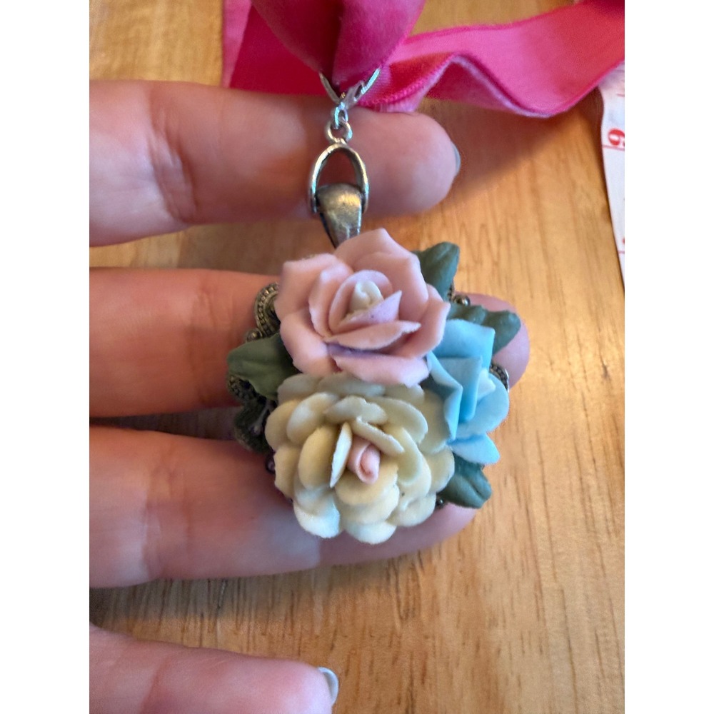 Pink Velvet Choker Necklace Polymer Clay Rose Floral Pendant Silver Tone Accent